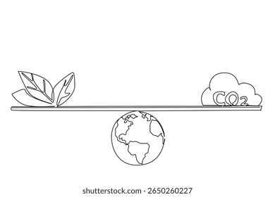 Single continuous line drawing scales with globe as the fulcrum with leafy leaves and clouds labeled CO2. Natural balance for a good earth. Friendly. Tree Concept. One line design vector illustration