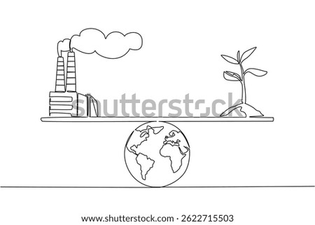 Single continuous line drawing scales with tree shoots and mounds of earth and on the other side a polluted air factory. Balance of nature. World Plant Power Day. One line design vector illustration