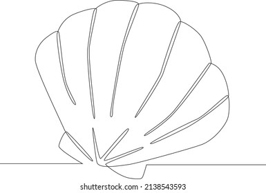 Single continuous line drawing, scallops shell on the beach. The symbol of a holiday by the sea. Summer timer. Vector Illustration.