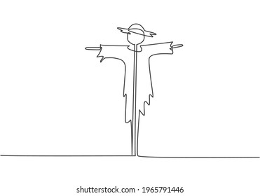 Single continuous line drawing of scarecrow installed by farmers to ward off pest birds which has damaged rice crops in the fields. Minimalism concept. One line draw graphic design vector illustration