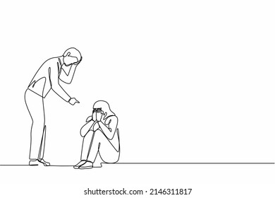 Single continuous line drawing scared female afraid of husband, domestic violence. Man beating wife, quarreling couple. Emotional personages arguing. One line draw graphic design vector illustration