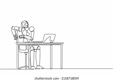 Single continuous line drawing scared robot looking at laptop computer screen. Modern robotic artificial intelligence. Electronic technology industry. One line draw graphic design vector illustration