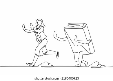 Single continuous line drawing scared businesswoman being chased by book. Female worker hurry in higher education to pursue career growth. Minimalism metaphor. One line draw design vector illustration