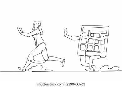 Single continuous line drawing scared businesswoman being chased by calculator. Female employee difficult in calculations economy crisis. Minimalism metaphor. One line draw design vector illustration