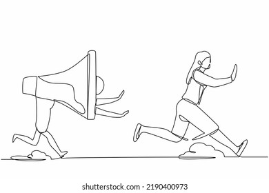 Single continuous line drawing scared businesswoman being chased by megaphone. Female employee avoid loud screaming from boss. Minimalism metaphor concept. One line graphic design vector illustration