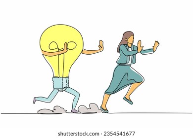 Single continuous line drawing scared businesswoman being chased by light bulb. Female manager losing business idea, inspiration, innovation. Minimalism metaphor. One line design vector illustration