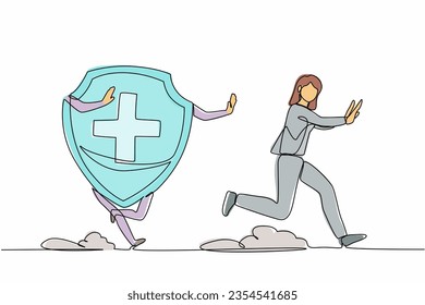 Single continuous line drawing scared businesswoman being chased by shield. Office worker out off financial or healthcare insurance. Minimalism metaphor. One line graphic design vector illustration