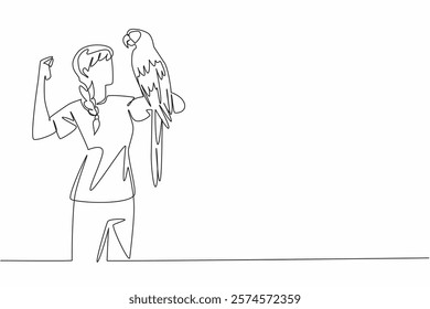 Single continuous line drawing scarlet macaw parrot perched on hand of woman. The most beautiful and popular parrot. Can be a good friend. Woman Holding Bird. One line design vector illustration