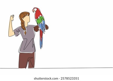 Single continuous line drawing scarlet macaw parrot perched on hand of woman. The most beautiful and popular parrot. Can be a good friend. Woman Holding Bird. One line design vector illustration