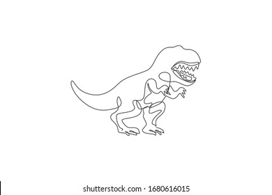 Single Continuous Line Drawing Of Scary Tyrannosaurus Rex Dinosaurs. Prehistoric Museum Logo Concept. Trendy One Line Draw Design Graphic Vector Illustration