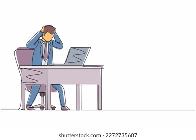 Single continuous line drawing scary frustrated frightened businessman clerk manager stands at laptop, holding head. Office overload, mental stress. One line draw graphic design vector illustration