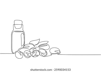 Single continuous line drawing scattered argania seeds and bottles of argania oil. Treatment oil in bottle. Easy to carry and useful. International Day of Argania. One line design vector illustration