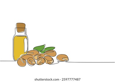 Single continuous line drawing scattered argania seeds and bottles of argania oil. Treatment oil in bottle. Easy to carry and useful. International Day of Argania. One line design vector illustration