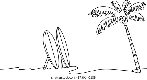Einzeilige durchgehende Zeichnung eines tropischen Strandes. Zwei Surfbretter, die im Sand neben einer schaukelnden Palme stehen. Modernes Design, Sommerkonzept, einfaches Design, Vektorgrafik. Ferien-Urlaub. Badevergnügen. Meersport. Entspannendes Paradies. Inselflucht. Wellenreiten. Sonniges Ziel. Abenteuer Urlaub. Blick auf die Küste.