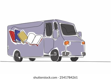 Single continuous line drawing school bus with pictures of books on the side of body. Positive activities to increase interest in reading. National Bookmobile Day. One line design vector illustration