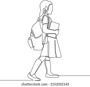 Dibujo continuo de una colegiala con bolso caminando a la escuela. Fin de la escuela. Concepto de educación ilustración vectorial de diseño de traza de línea de una línea.