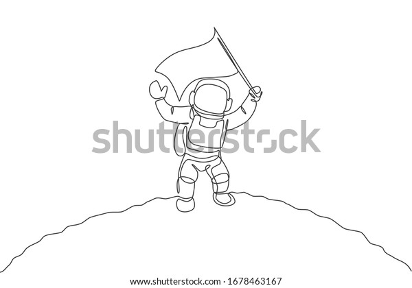 Single continuous line drawing science astronaut\
in moon surface waving flag to celebrate the landing. Fantasy deep\
space exploration, fiction concept. One line draw design vector\
illustration graphic