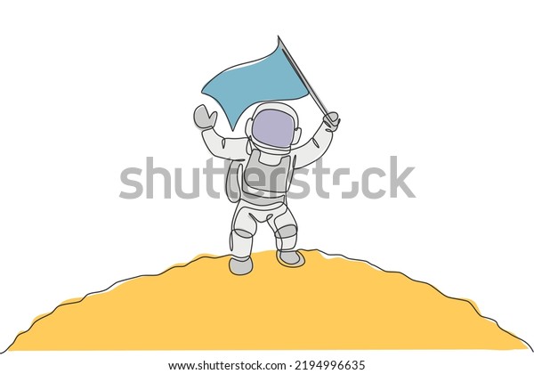 Single continuous line drawing science astronaut\
in moon surface waving flag to celebrate the landing. Fantasy deep\
space exploration, fiction concept. One line draw design vector\
illustration graphic