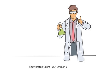 Single continuous line drawing scientist with a thumbs-up gesture and hold measuring tube examining the chemical solution to make a vaccine. Dynamic one line draw graphic design vector illustration.