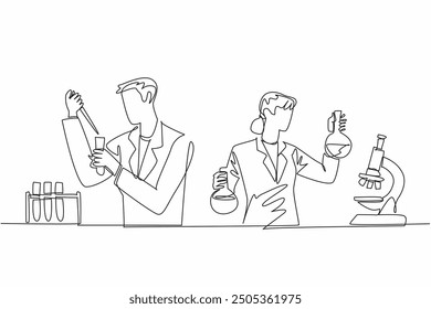 Single continuous line drawing scientists work together in a lab. Chemists who work seriously in their field. Trial test in test tube. Celebrate Scientists Day. One line design vector illustration