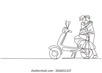 Single continuous line drawing scooter  travel  couple  adventure  ride concept  Family couple travel by scooter  Happy man   woman ride motorcycle  One line draw graphic design vector illustration