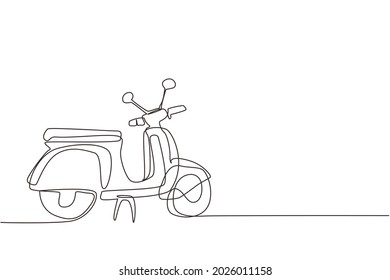 Single continuous line drawing Scooter. Retro transport. Black vespa icon. Modern scooters motorcycle for urban citizen. Stylish vintage scooter for trip vacation. One line draw graphic design vector