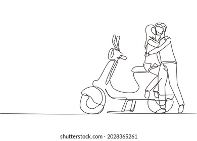Single continuous line drawing scooter  travel  couple  adventure  ride concept  Family couple travel by scooter  Happy Arab man   woman ride motorcycle  Dynamic one line draw graphic design vector