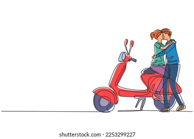 Single continuous line drawing scooter  travel  couple  adventure  ride concept  Family couple travel by scooter  Happy man   woman ride motorcycle  One line draw graphic design vector illustration
