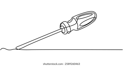 Single continuous line drawing of screw driver mechanics concept vector illustration, Screwdriver icon line continuous drawing vector. One line Construction Screwdriver icon vector background. Screw