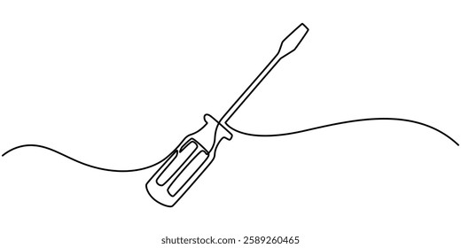 Single continuous line drawing of screw driver mechanics concept vector illustration, Screwdriver icon line continuous drawing vector. One line Construction Screwdriver icon vector background. Screw