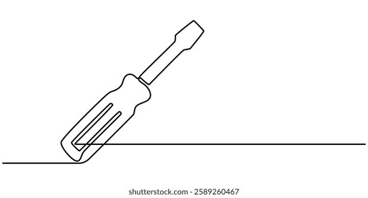 Single continuous line drawing of screw driver mechanics concept vector illustration, Screwdriver icon line continuous drawing vector. One line Construction Screwdriver icon vector background. Screw