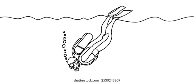 Single continuous line drawing of scuba diver. The concept of sport is a journey of scuba diving one line art.