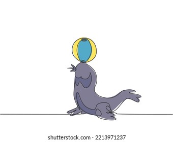 Single continuous line drawing a sea lion playing a stunt with a striped ball in its mouth. Sea ​​lions are highly trained in performance. Dynamic one line draw graphic design vector illustration.