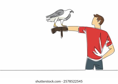 Single continuous line drawing sea ​​eagle perched on hand of man. The most powerful bird of prey in the world. The carnivorous animal. Claws. Man Holding Bird. One line design vector illustration