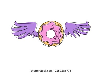 Single continuous line drawing seamless isolated kawaii pattern donut with wings. Pastel child print on fabric, wrapping paper, textile, wallpaper. One line draw graphic design vector illustration