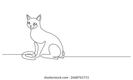 A single continuous line drawing of a seated cat. The minimalist design is clean, modern, and elegant. Perfect for art prints, logos, or adding a touch of sophistication to any design project.