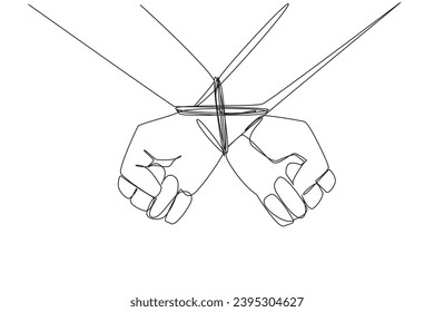 Single continuous line drawing seen from behind, the entrepreneur's hands are tied. Greedy entrepreneur. Committing bribery to control strategic assets. Arrested. One line design vector illustration