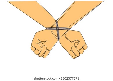 Single continuous line drawing seen from behind, the entrepreneur's hands are tied. Greedy entrepreneur. Committing bribery to control strategic assets. Arrested. One line design vector illustration