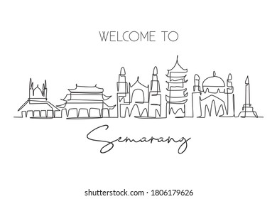 Single continuous line drawing of Semarang city skyline, Central Java Indonesia. Famous city for wall decor print. World travel concept. Editable stroke modern one line draw design vector illustration