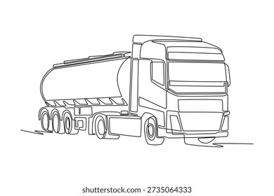 Single continuous line drawing semi trailer tanker truck, depicting industrial fuel transport, chemical delivery logistics, petroleum cargo shipping. One line draw graphic design vector illustration