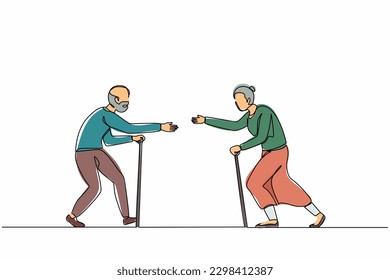 Single continuous line drawing senior woman running in hug to man. Elderly people run towards each other. Happy grandfather and grandmother meeting after long time. One line design vector illustration