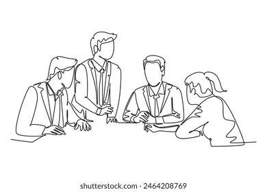 Single continuous line drawing of senior manager giving instruction to raise product sales to marketing team members in the meeting. Business briefing. One line draw graphic design vector illustration