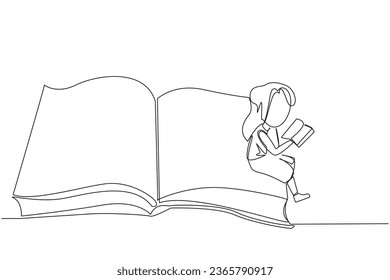 Single continuous line drawing serious girl sitting on the edge of a large open book. Study before exam time arrives. Read textbooks with focus. Reading is fun. One line design vector illustration