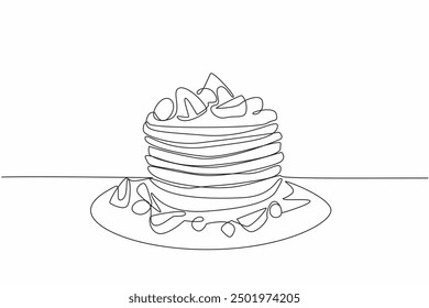 Single continuous line drawing serve the delicious pancakes on a plate with blueberry and strawberry toppings. Soft and sweet crepe snack. National Flapjack Day. One line design vector illustration