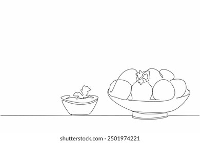 Single continuous line drawing serve meatballs plus chopped celery leaves on a small plate. Made from meat. Chicken or beef. Delectation. National Meatball Day. One line design vector illustration