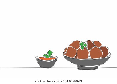 Single continuous line drawing serve meatballs plus chopped celery leaves on a small plate. Made from meat. Chicken or beef. Delectation. National Meatball Day. One line design vector illustration