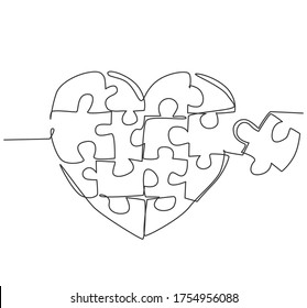 Single continuous line drawing of set puzzle pieces put it together to cute heart shape form symbol. Romantic marriage love concept. Trendy one line draw graphic design vector illustration