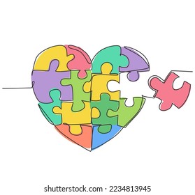 Single continuous line drawing of set puzzle pieces put it together to cute heart shape form symbol. Romantic marriage love concept. Trendy one line draw graphic design vector illustration