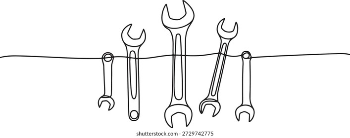 Dibujo de línea continua simple del conjunto de llaves de extremo abierto. Diferentes tamaños de herramientas de construcción dispuestos horizontalmente boceto minimalista. Concepto de equipo de Industrial aislado. Elemento gráfico estético moderno de moda para el diseño de talleres o reparaciones. Dibujo de llaves usadas para trabajos mecánicos y fijación.