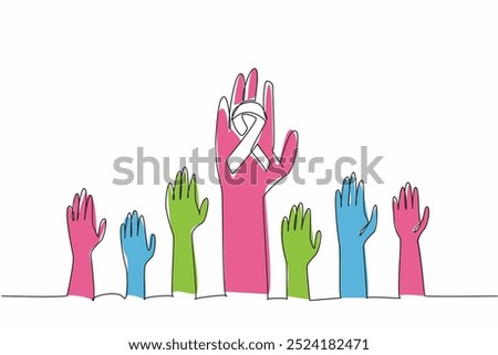 Single continuous line drawing seven hands of various sizes raised. One of them has a ribbon campaign. Collective commitment to raising awareness. Rare Disease Day. One line design vector illustration